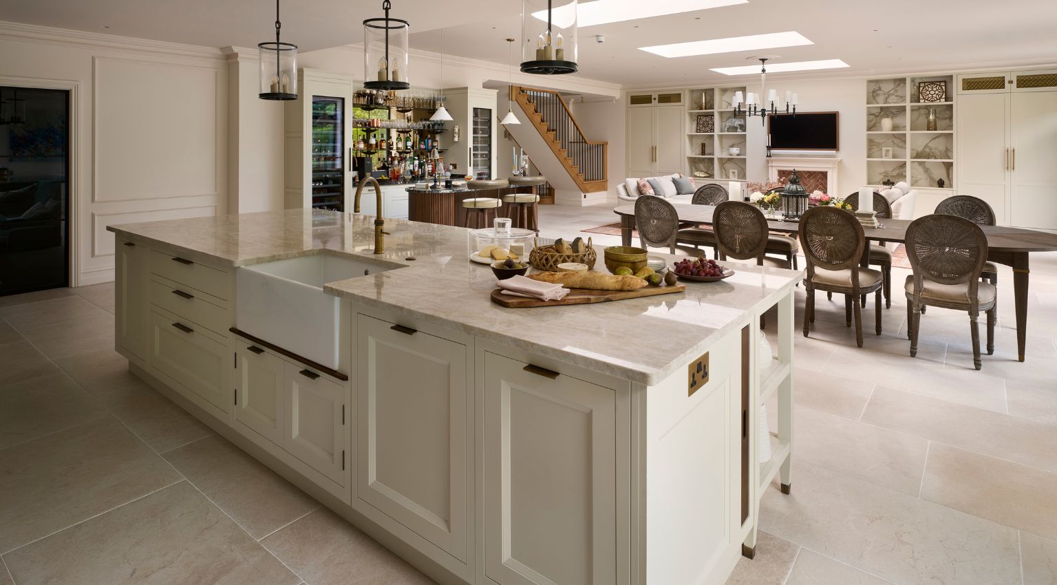 Kitchen island with view to large dining table