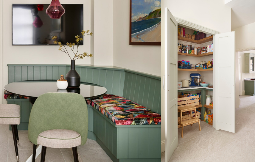 Bespoke seating area and concealed panty in a townhouse kitchen