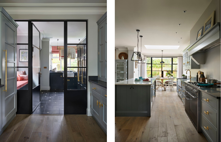 Open plan townhouse kitchen with view to garden and utility room