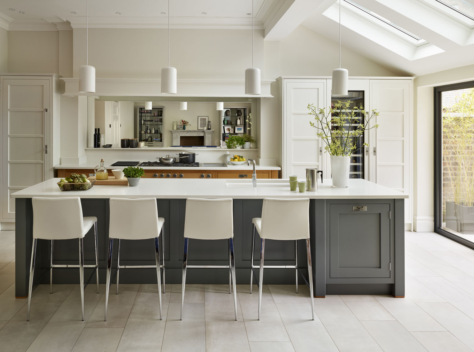 Contemporary kitchen with large grey island