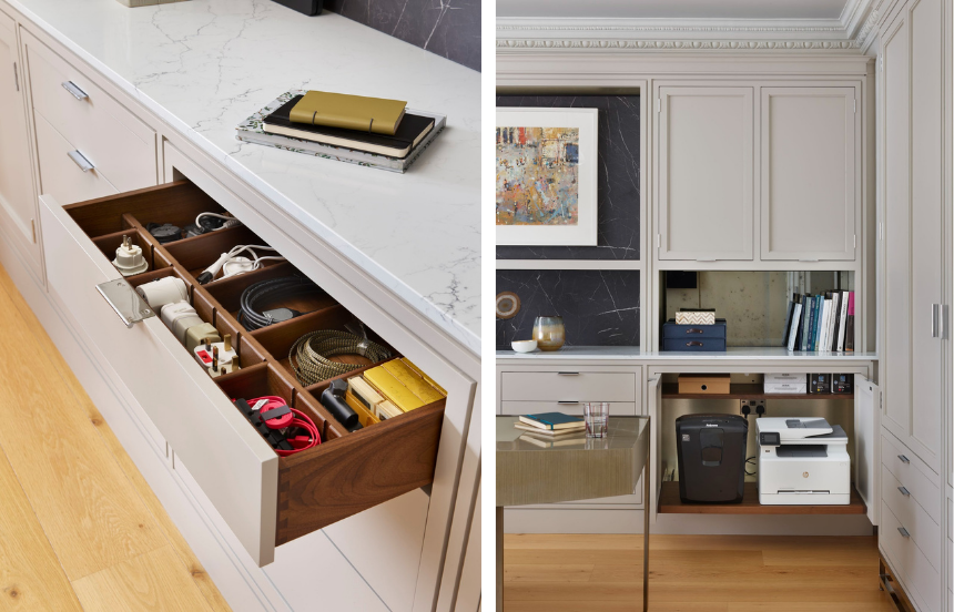 Bespoke home office storage solutions with drawer compartments