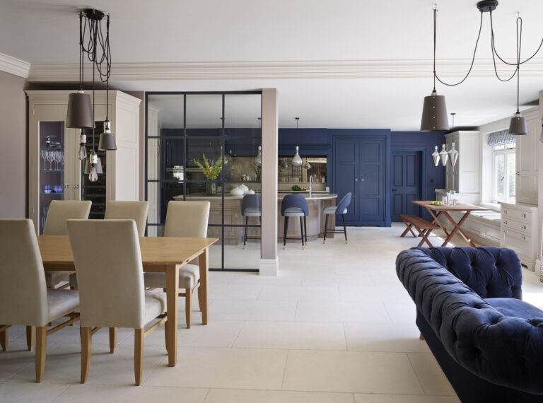 Natural stone flooring in a dining space