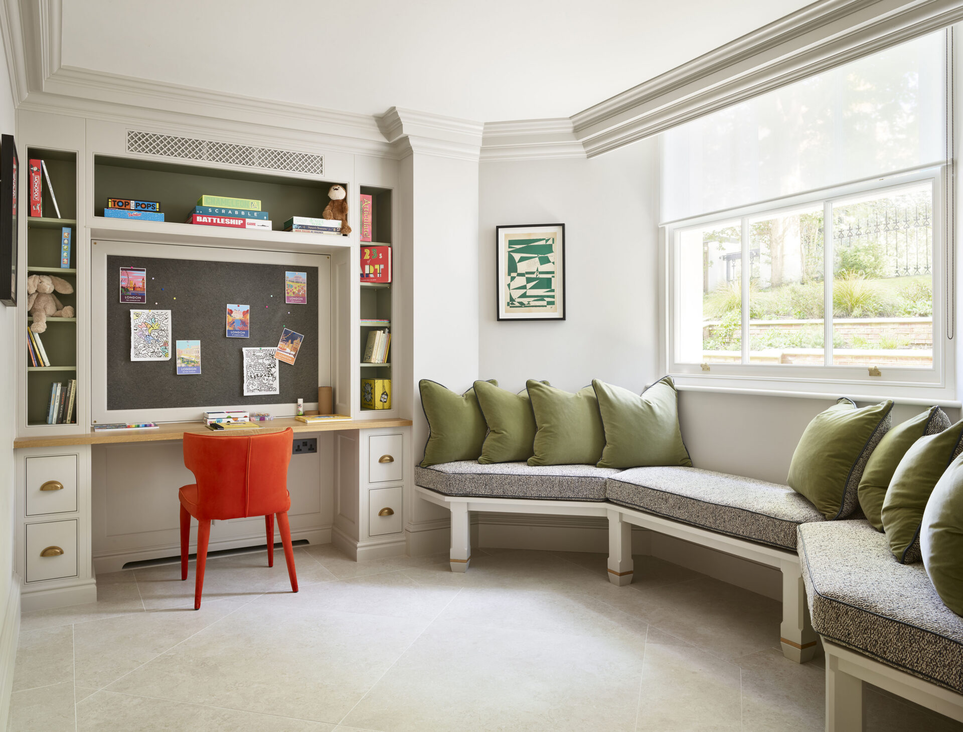 Tailored home office space with adjacent seating area