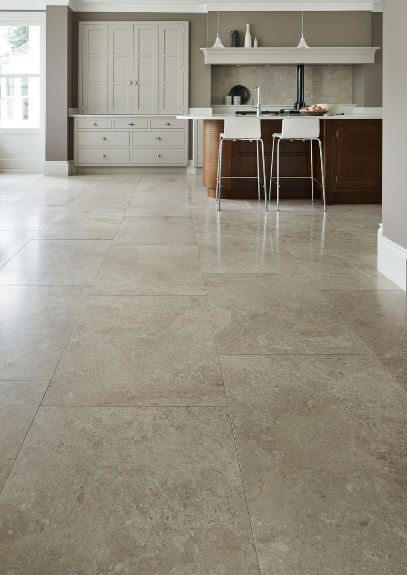 Natural stone flooring in a large kitchen
