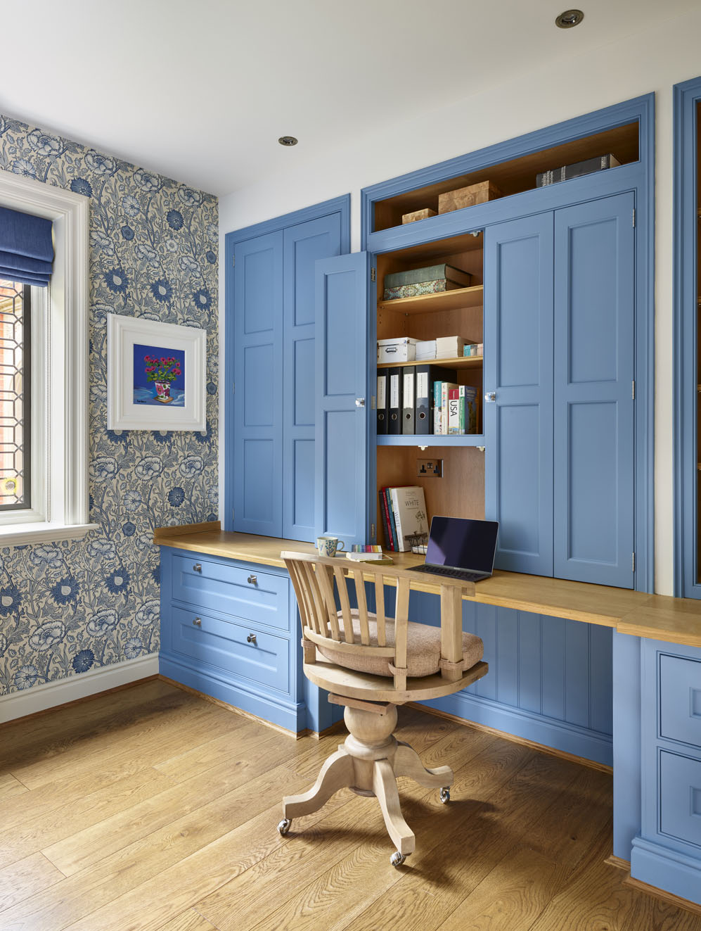 Blue home office storage cabinets
