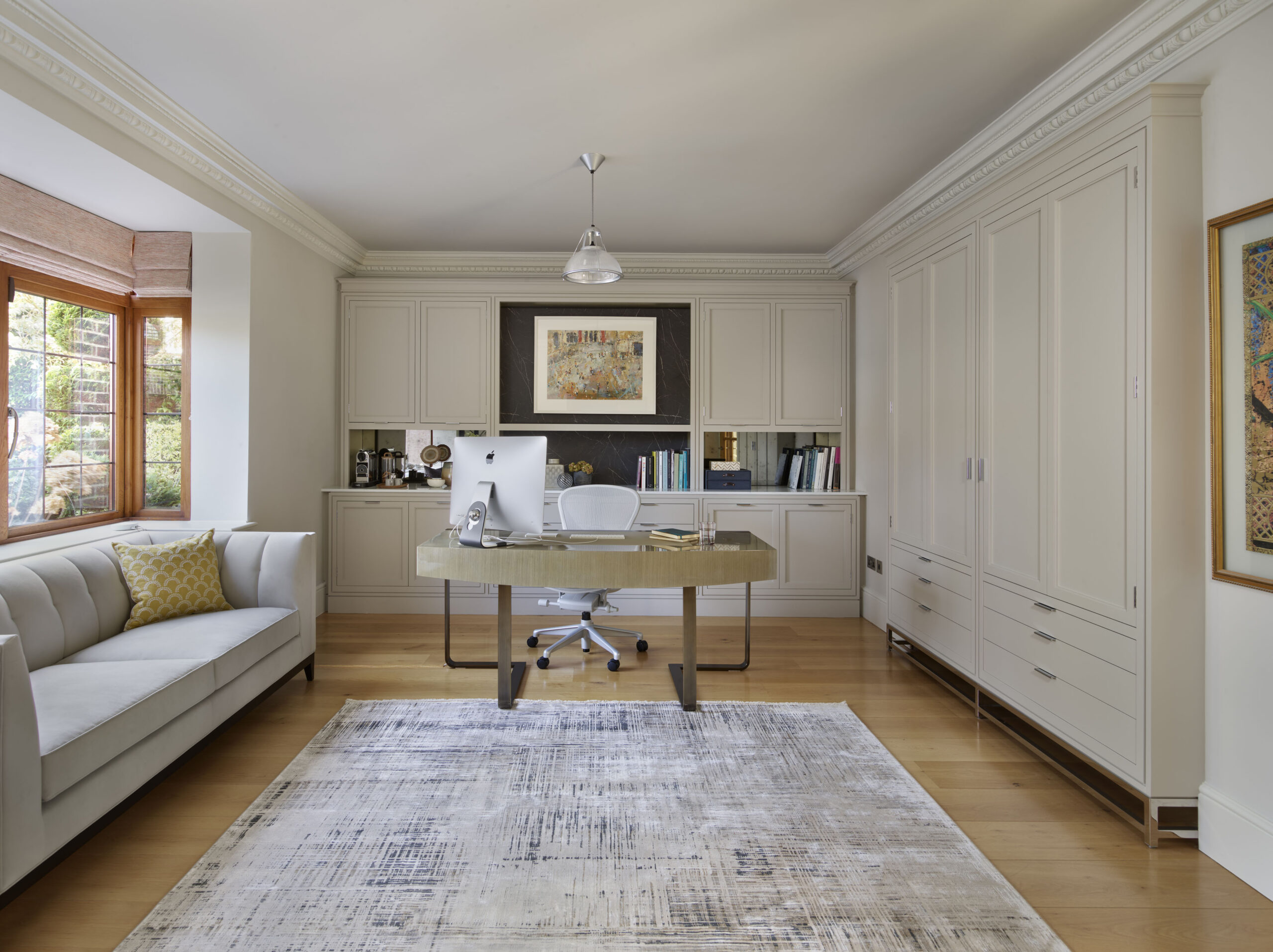 Tranquil home office design with storage