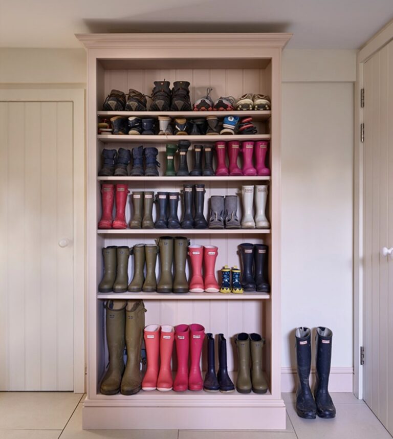 Boot room shelving with Wellington boots and shoes